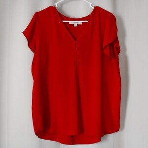 Loft Red Button Down Tulip Short Sleeve Blouse
